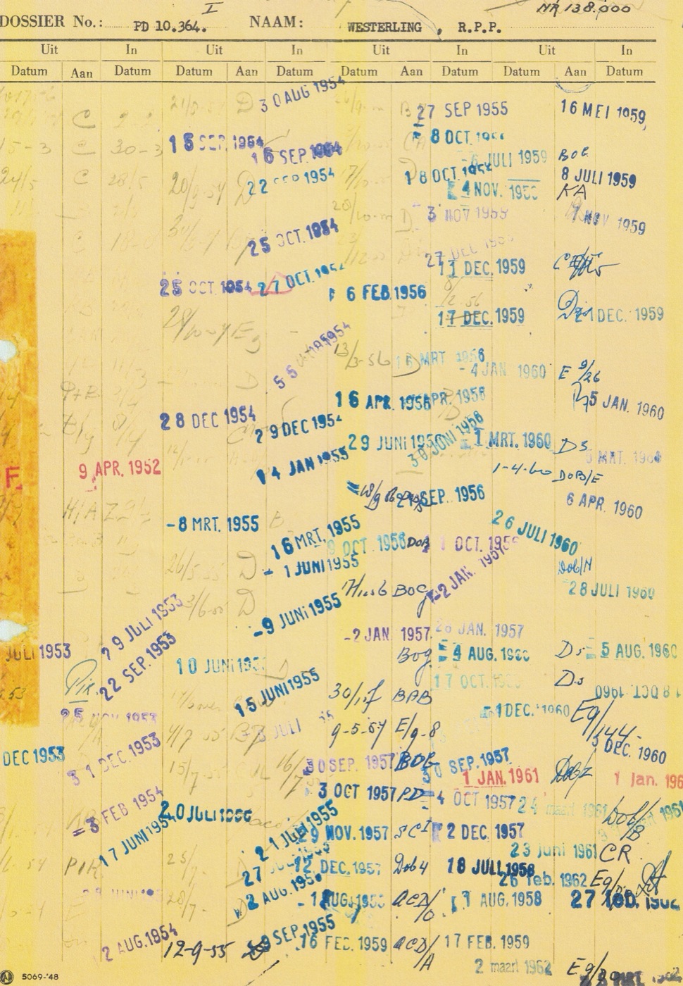 Voorblad van dossier PD 10.364, naam Westerling, R.P.P., vol datumstempels uit de jaren vijftig